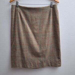 AKRIS Wool Skirt 12 Tan Red Plaid Check Lined Straight Career Office Preppy